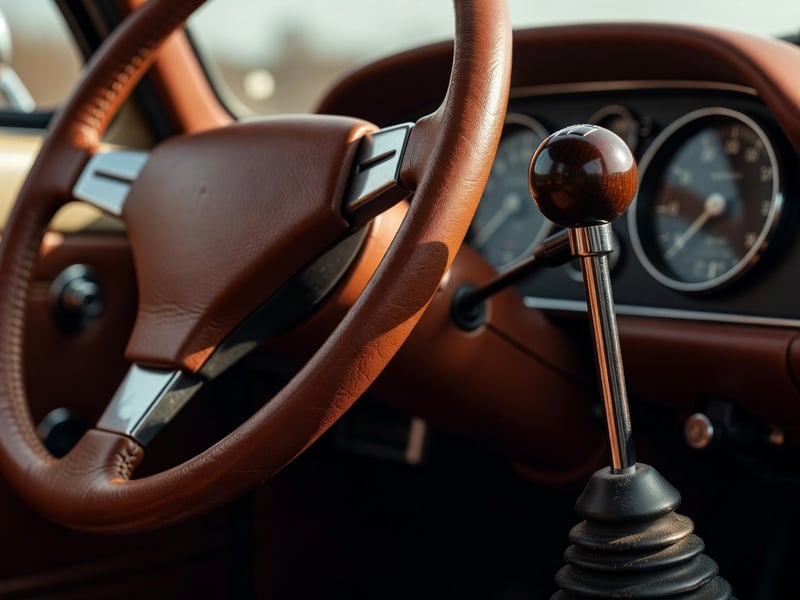 Klassisches Auto-Cockpit mit Lederlenkrad und Schaltknüppel im warmen Sonnenlicht