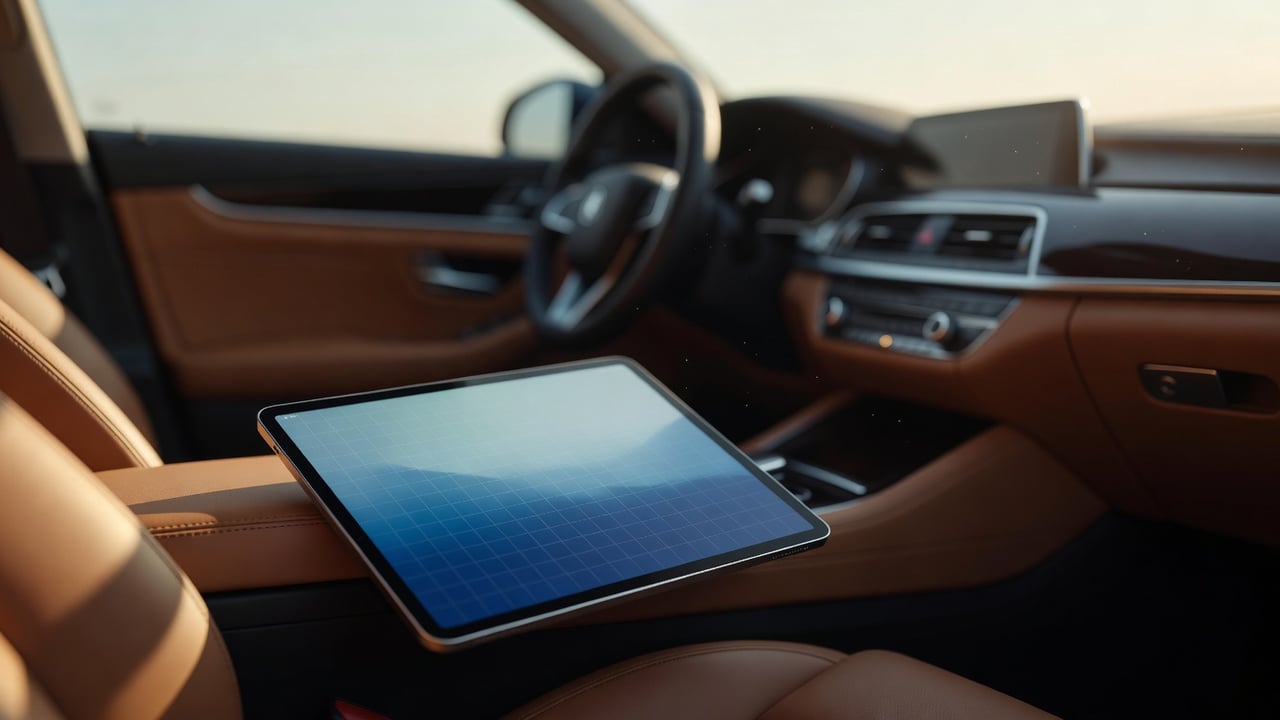 Tablet auf cognacfarbenem Beifahrersitz im warmen Abendlicht — Wochenplan-Andeutung auf dem Display