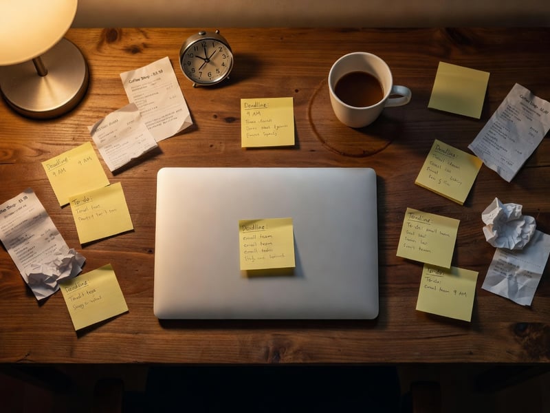 Chaotischer Schreibtisch am späten Abend — Notizzettel, Wecker, Kaffeetasse, geschlossener Laptop