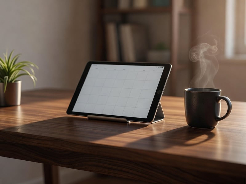 Aufgeräumter Schreibtisch mit Tablet, dampfender Kaffeetasse und Pflanze im warmen Licht