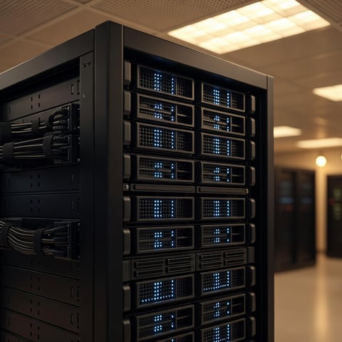 Server-Rack in einem warm beleuchteten Rechenzentrum